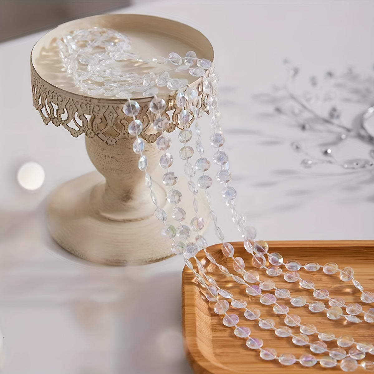 1pc Elegant 3m Acrylic Crystal Bead Garland in Sparkling White & Clear Beads for DIY Wedding, Christmas Tree, Ceiling Decor | Versatile Hanging Decoration for Holidays & Engagements, Engagement Party | Festive Lighting | Unlit Decor