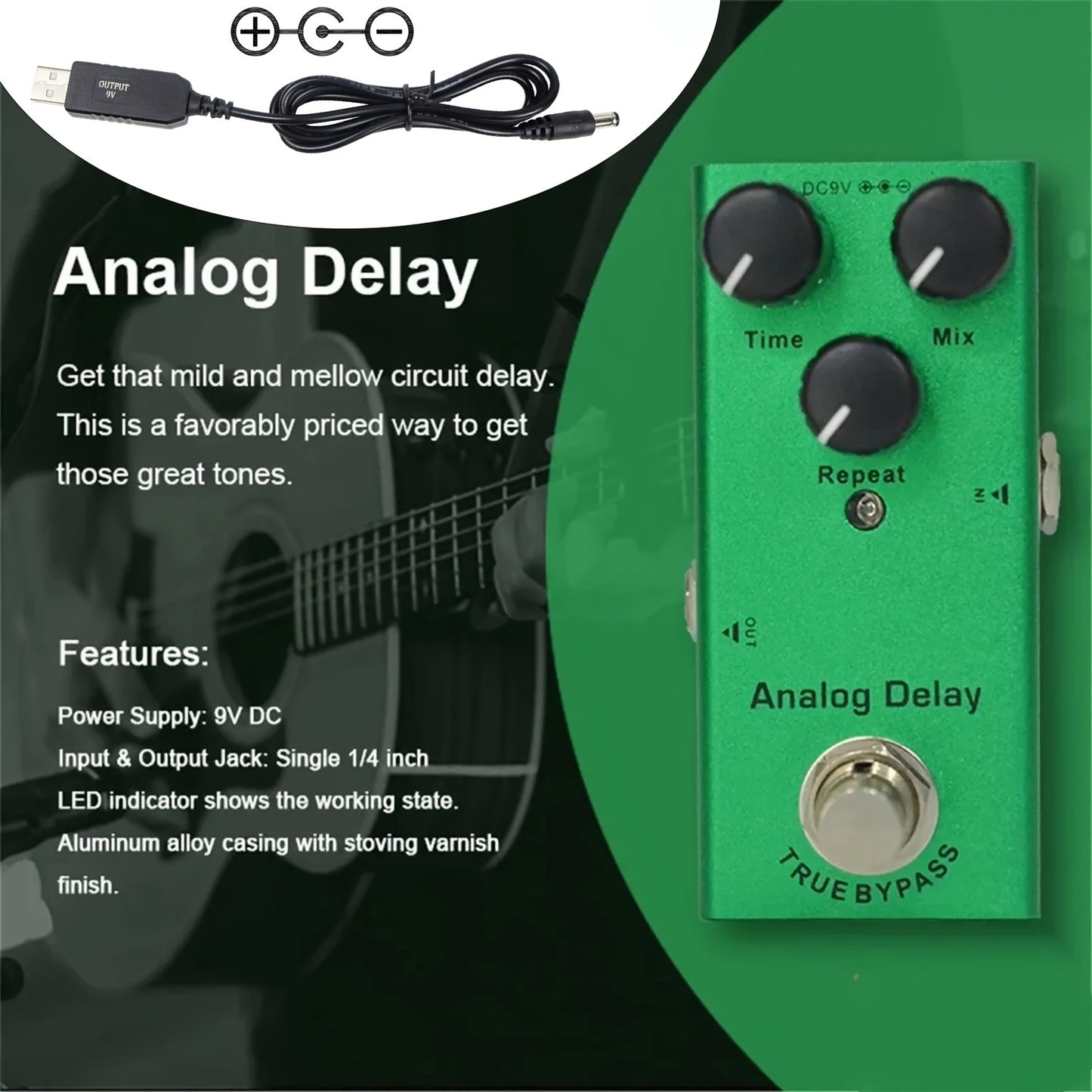 Analog delay pedal for electric guitar with true bypass and USB boost cable.