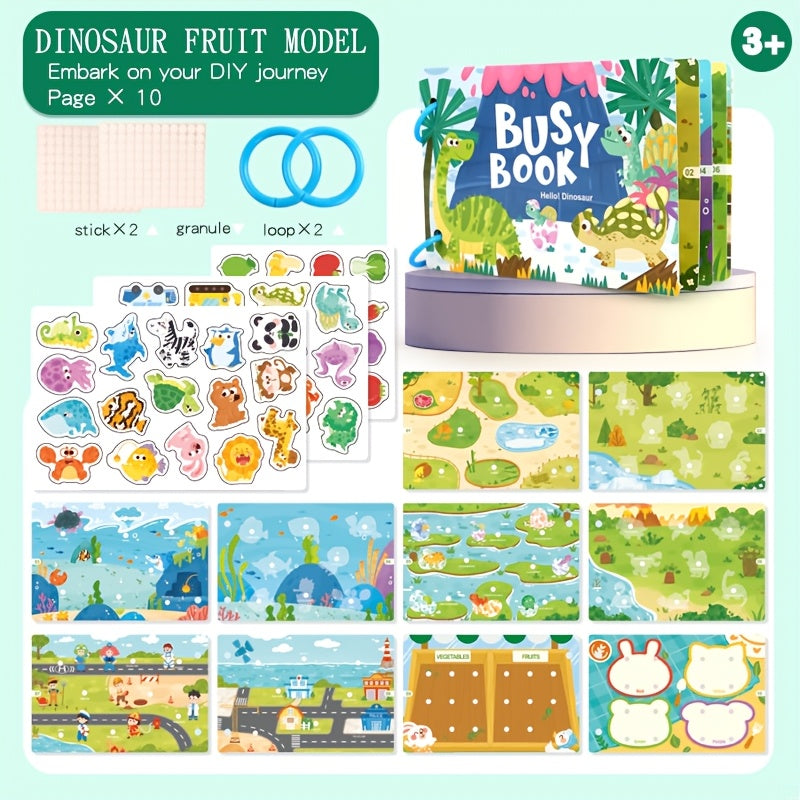 Reusable sticker book with quiet activities focusing on dinosaurs, fruits, animals, oceans, and transportation to improve cognitive, logical, and sensory skills through hands-on DIY tasks.