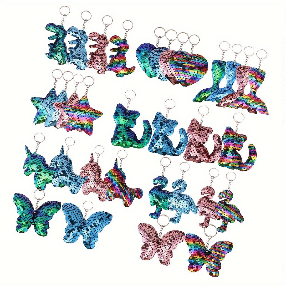 Set of 32 Sparkling Sequin Keychains featuring Flamingo, Mermaid Tail, Butterfly, and Unicorn shapes - Ideal for Party Favors, Birthday Gifts, and Back-to-School Decor.