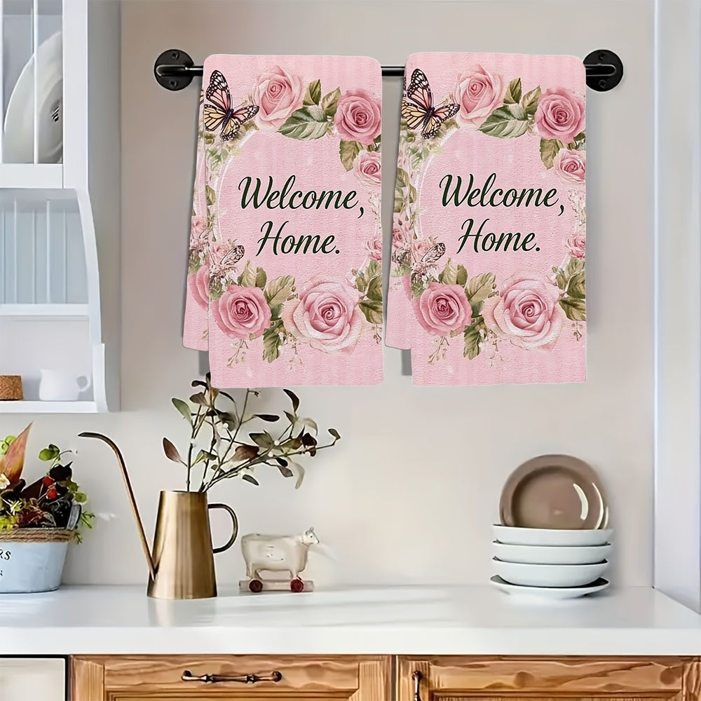 Set of 2 Ultra Soft Kitchen Towels - "Welcome HOME" Pink Design featuring Roses & Butterflies, Exceptionally Absorbent & Easy to Clean Dish Hand Towels, Perfect for Holiday Decor, Size: 40.64x60.96 cm, Dish Towels