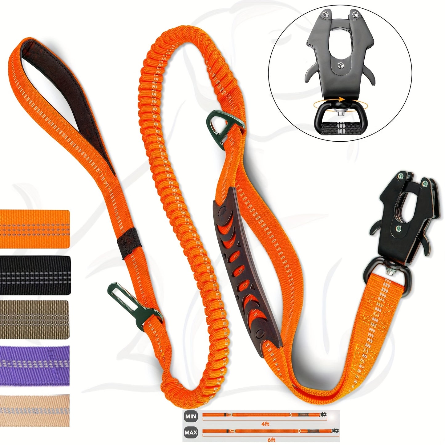 Durable tactical bungee dog leash with quick release carabiner, reflective design, and car seatbelt attachment for medium to large dogs in khaki, black, army green, and orange.