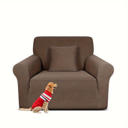 Pet-friendly sofa cover in gray striped jacquard fleece with elastic band, non-slip bottom, and all-season dust protection. Stylish and snug fit for living room furniture.