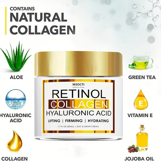 1.7 FL.OZ (50ML) Retinol Collagen Firming Cream with Hyaluronic Acid, Aloe, Green Tea, Vitamin E, and Jojoba Oil for Hydrated, Smoother, Lifted Skin.