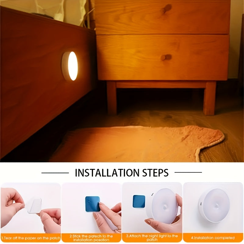 Adjustable LED motion sensor night lights with USB rechargeable battery for kitchen counters and stairs.