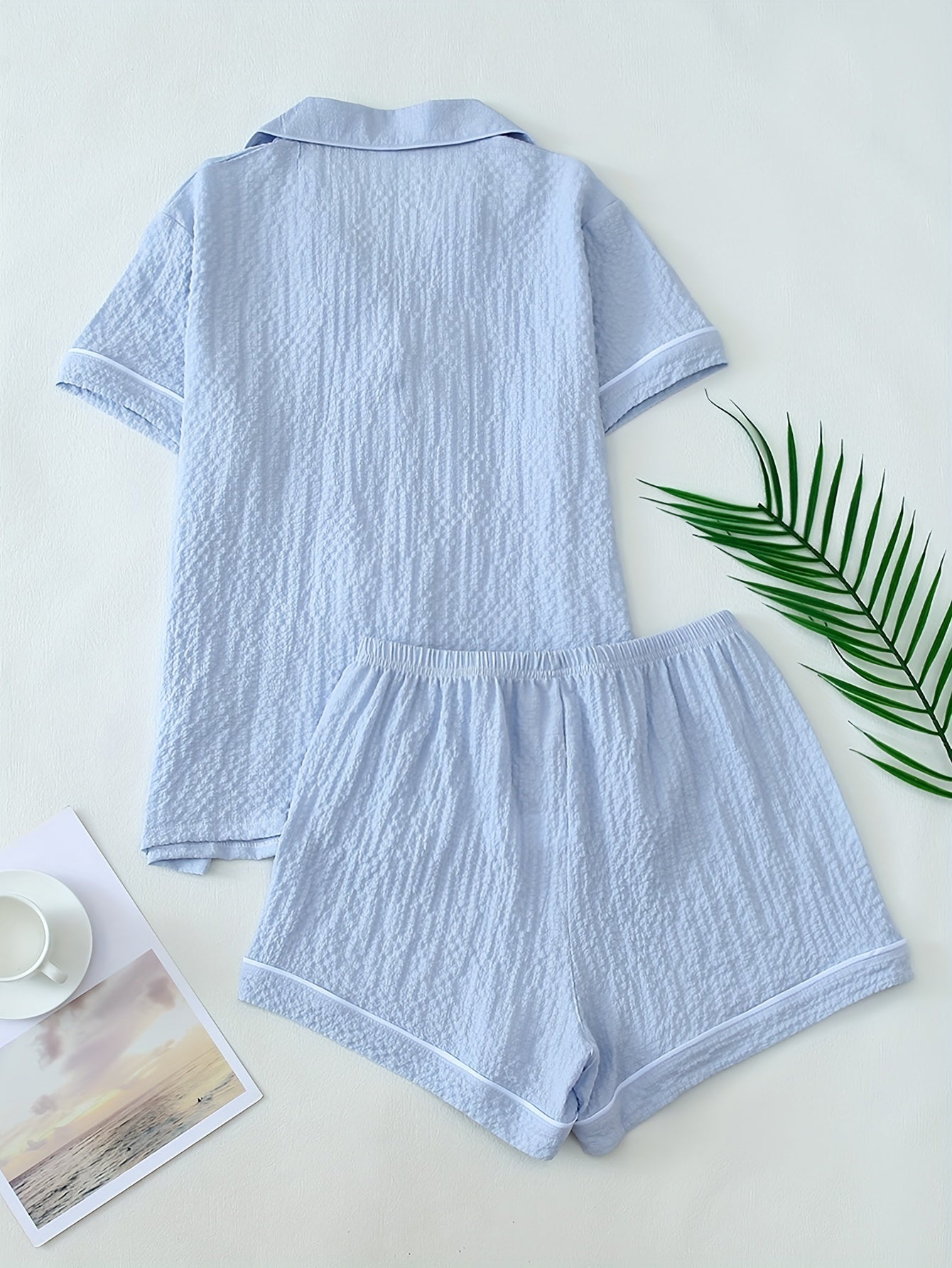 Women's Casual Pajama Set: Light Blue with Heart Embroidery, Short Sleeve Top and Shorts, Polyester/Spandex Blend, Woven Placket, Spring/Summer/Fall Sleepwear