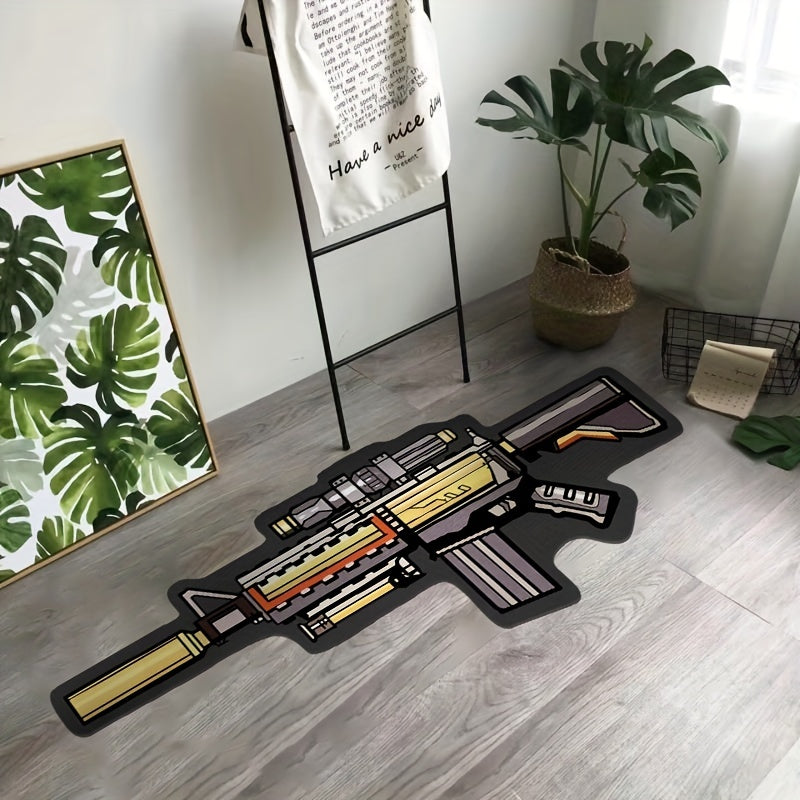 Polyester rug shaped like a cartoon M4A1 rifle; irregular shape, lightweight, non-slip, washable, knit weave, machine-made with rubber backing. Hand wash only, soft and comfortable for living room, bedroom, or bedside use.