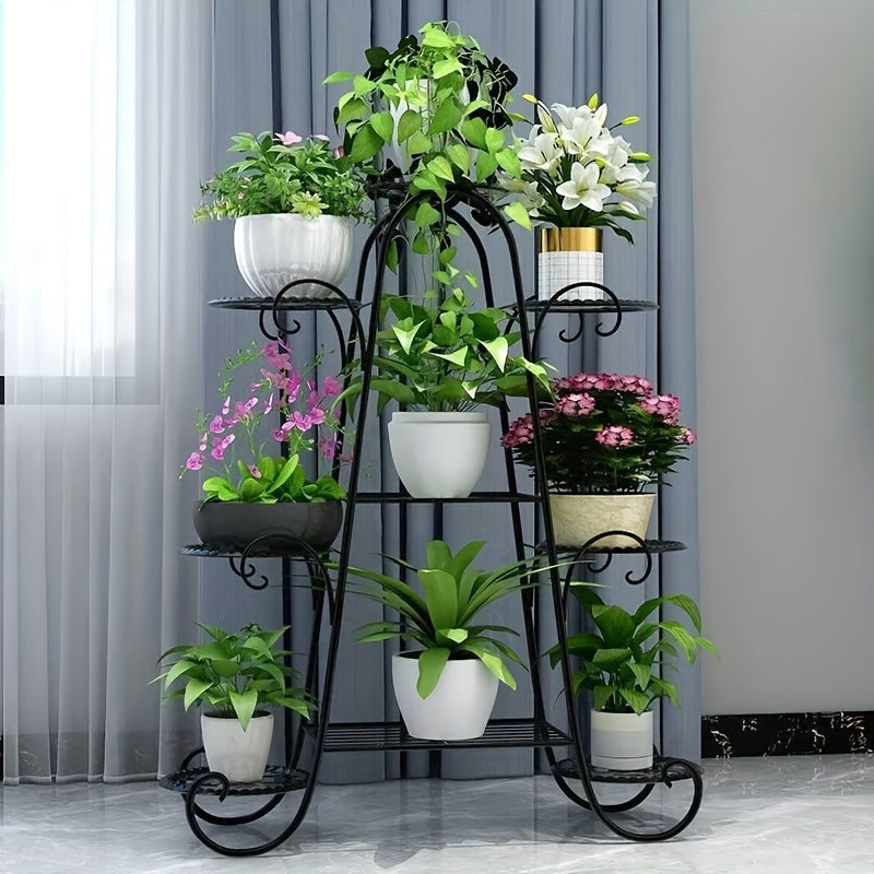 European-style metal plant stand with 9 tiers for indoor and outdoor use. Provides a decorative display for flower pots in the garden, balcony, or living room. Does not require electricity