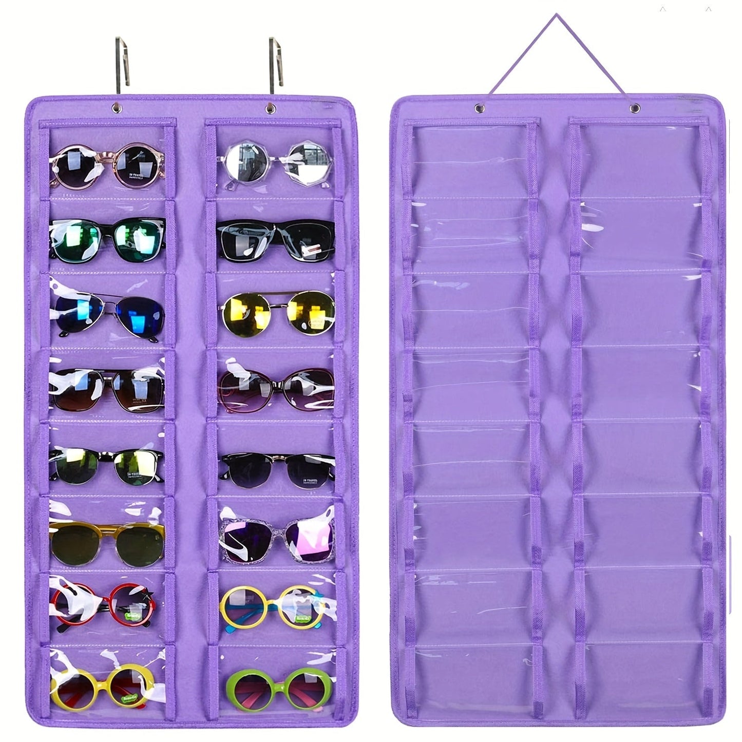 Get yourself the perfect solution for organizing your glasses with this 16-Slot Glasses Organizer. This hanging PVC wall pocket is dust-proof and includes a metal hook and sturdy rope for easy hanging. Ideal for storing women's fashion accessories, this