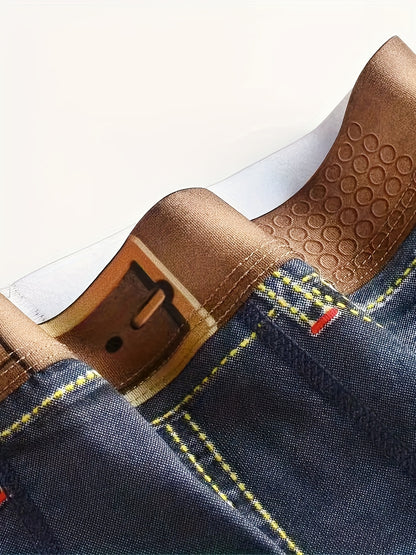 Men's fashion cotton 3D denim boxer briefs with belt print, breathable and stylish underwear.