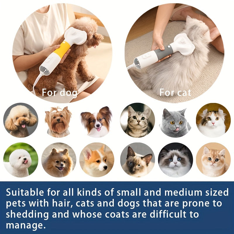 Professional pet grooming blow dryer for cats and dogs with 3 speed wind control and 3 blowing modes, no battery required. Includes pet hair remover comb and fur brush for styling.