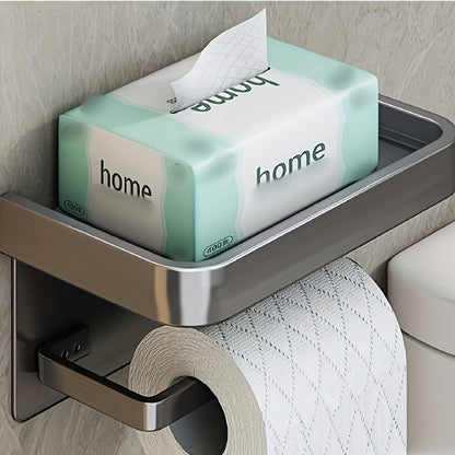 Toilet roll holder with shelf for bathroom storage and organization.