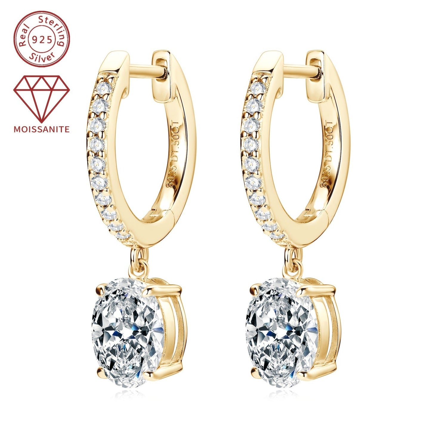 These exquisite silver earrings feature a pair of synthetic moissanite stones, each weighing 1.5ct. The main stones are 6x8mm in size, giving off a dazzling sparkle. These dangling earrings are perfect for adding a touch of glamour to any outfit.