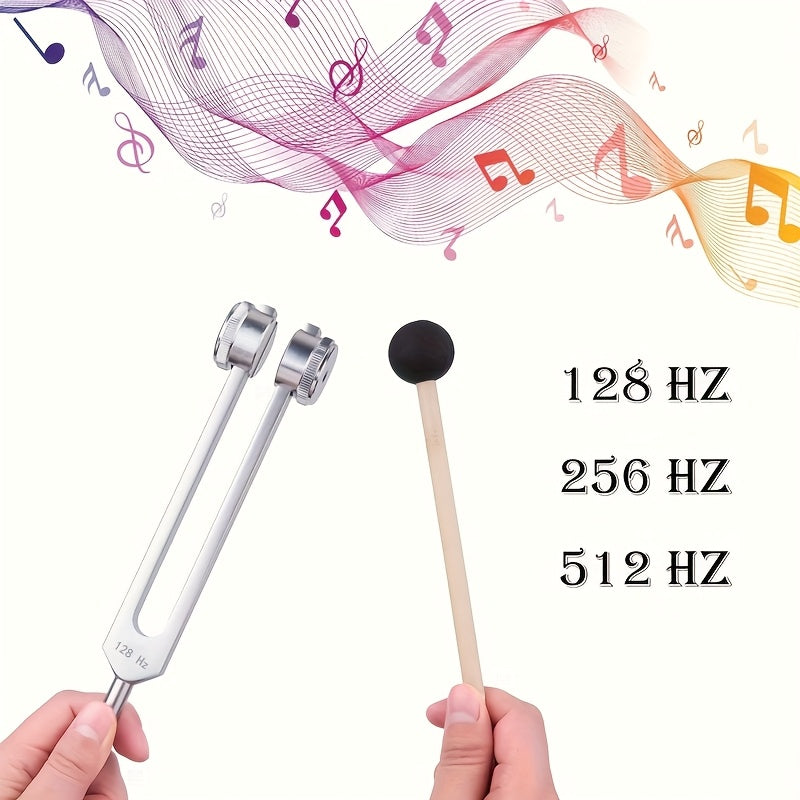 Chakra healing tuning forks made of aluminum alloy at frequencies of 128 Hz, 256 Hz, and 512 Hz, designed for healing therapies and auditory care, featuring a non-rechargeable silver-gray