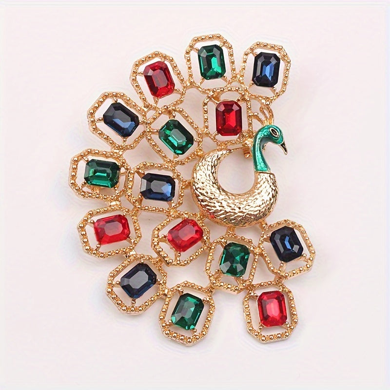 Vintage-inspired peacock enamel brooch pin adorned with sparkling rhinestones, exuding a unique French court style. This retro accessory, featuring an irregular shape, is a perfect addition to any woman's wardrobe.