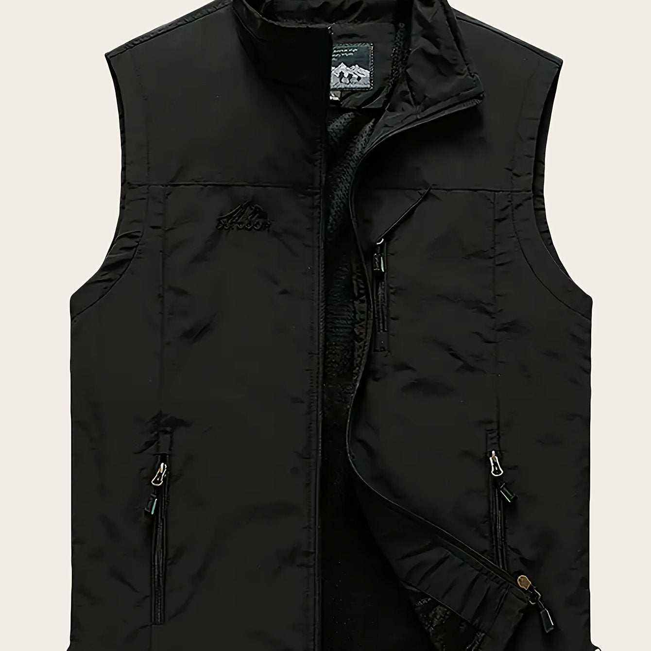 Men's outdoor sports vest with quick-dry polyamide, multiple pockets, zip-up stand collar for hiking, fishing, and photography - solid color, regular fit, woven polyester lined.