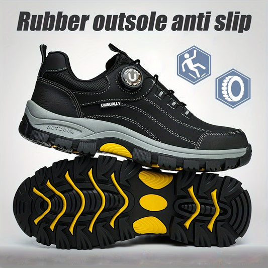 Breathable low top work shoes with rotary buckle, steel toe, and protective design for all seasons outdoor work. Anti-smashing.