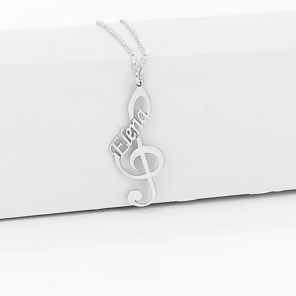 Elegant Bohemian Style Stainless Steel Music Note Necklace Personalized with Name, Perfect for Everyday Wear and Parties, Great Gift for Musicians who Love High Pitch and Custom Music Symbols.