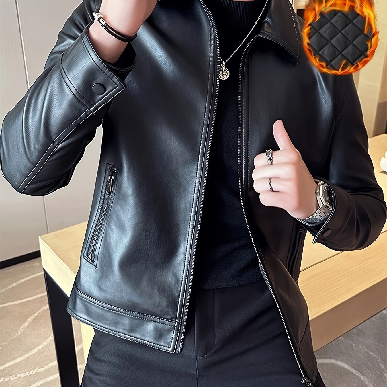 Men's black faux leather jacket with polyester lining, zippered lapel collar, solid color knit fabric, regular sleeve, and lightweight motorcycle style.