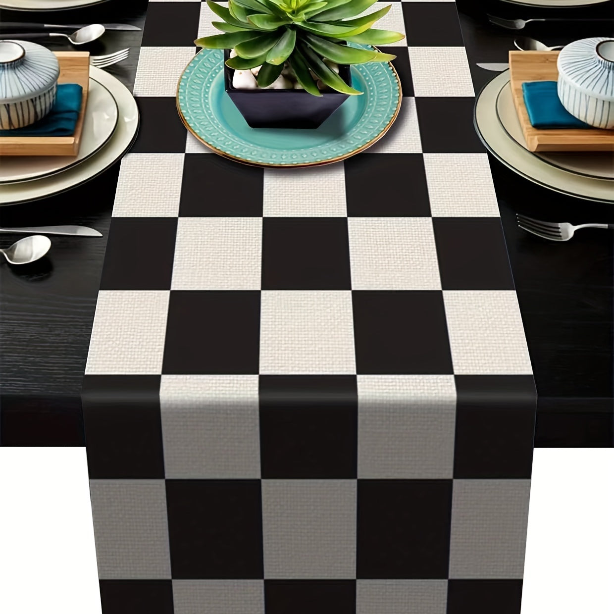 Geometric Stripe Linen Table Runner in Classic Black and White, Perfect for Home Decor and Dining_RDWR.