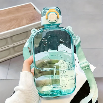 Portable square water bottle with adjustable shoulder strap for travel, sports, and camping. Hand wash only. Lightweight round plastic bottle that is PVC free.