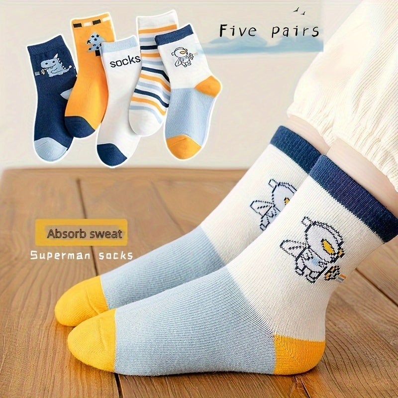 5 super cute superhero crew socks for kids made from cozy and skin-friendly polyester blend, featuring cartoon astronaut and striped designs, ideal for boys and girls during fall and winter.