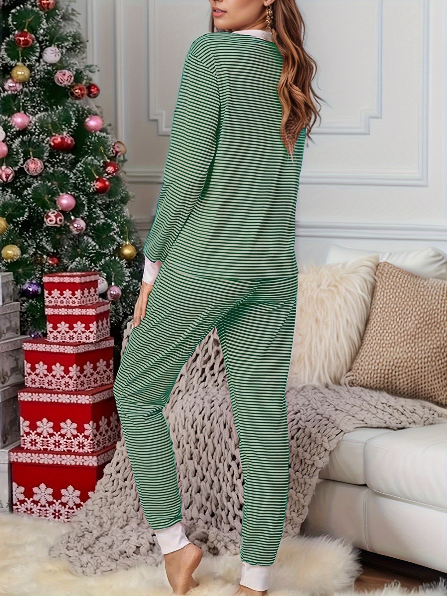 Striped V-neck knit loungewear set with long sleeves and pants.