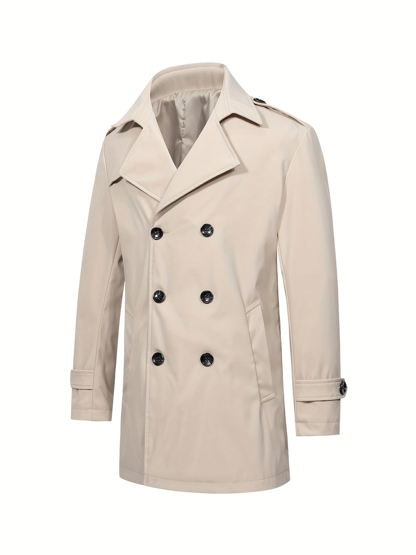 Men's mid-length trench coat with double-breasted design in solid color, ideal for business and casual wear.