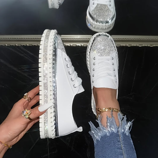 Casual lace-up sneakers for women with rhinestone decoration, comfortable low-top design, suitable for outdoor wear. Available in plus sizes.