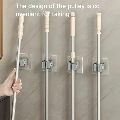 6 Easy-Install Wall-Mounted Mop & Broom Holders - Heavy-Duty, No-Drill Storage Hooks for Kitchen & Bathroom