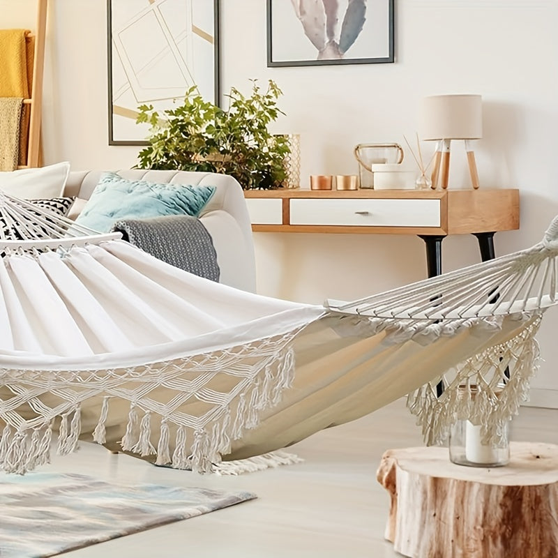 Tusheng Bohemian Style Hammock with Fringe, Cotton Blend Fabric, Thick Ropes, 204.12KG Capacity, Outdoor/ Garden/ Patio/ Wedding Decor, Includes Carry Bag.