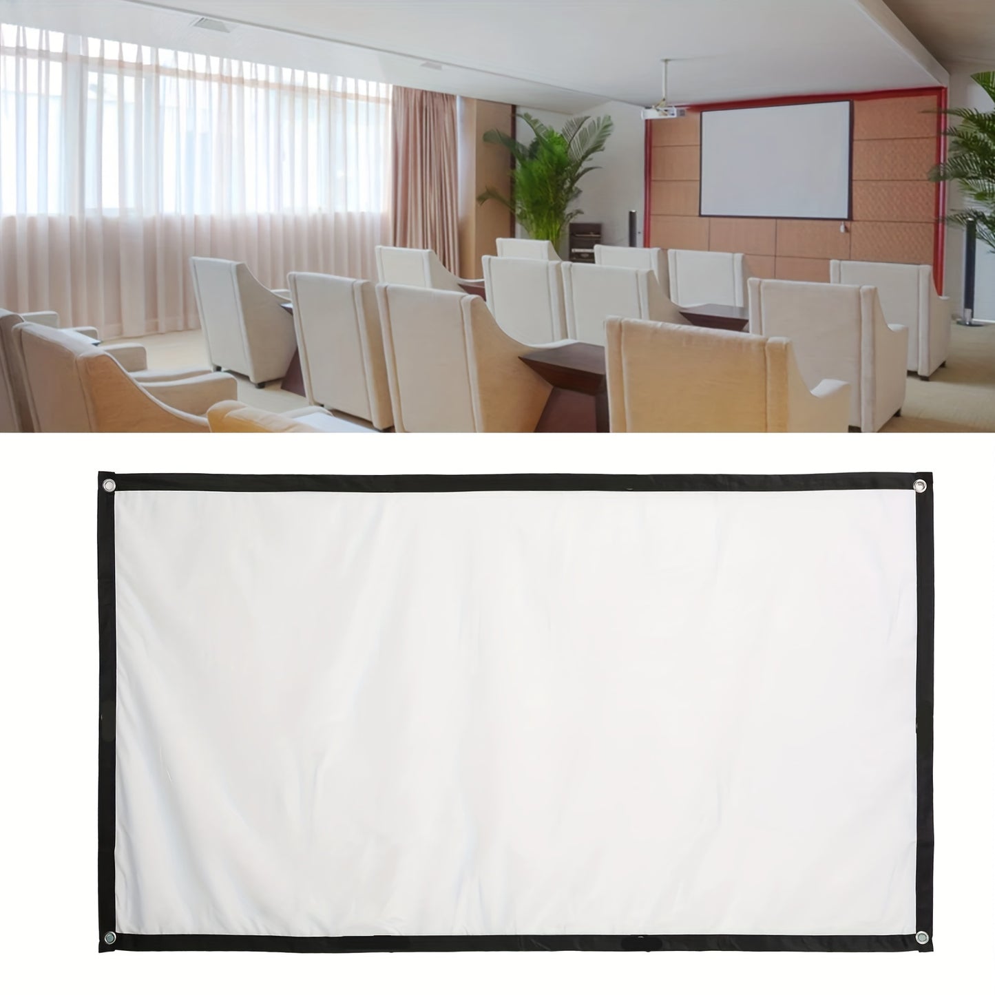 60-inch outdoor projector screen with 4K HD 16:9 resolution, foldable and washable. Portable design supports double-sided projection, ideal for home theaters and offices.