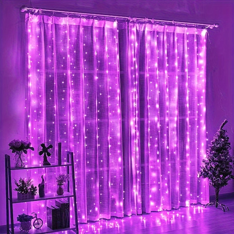 Multifunctional LED curtain lights with remote control, 8 modes for various occasions - USB powered. Available in warm white, white, and purple.