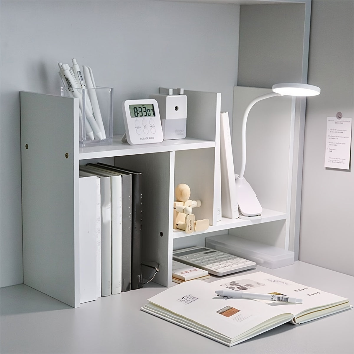 White wooden desk organizer with bookshelf for office and dorm storage; keeps workspace tidy.