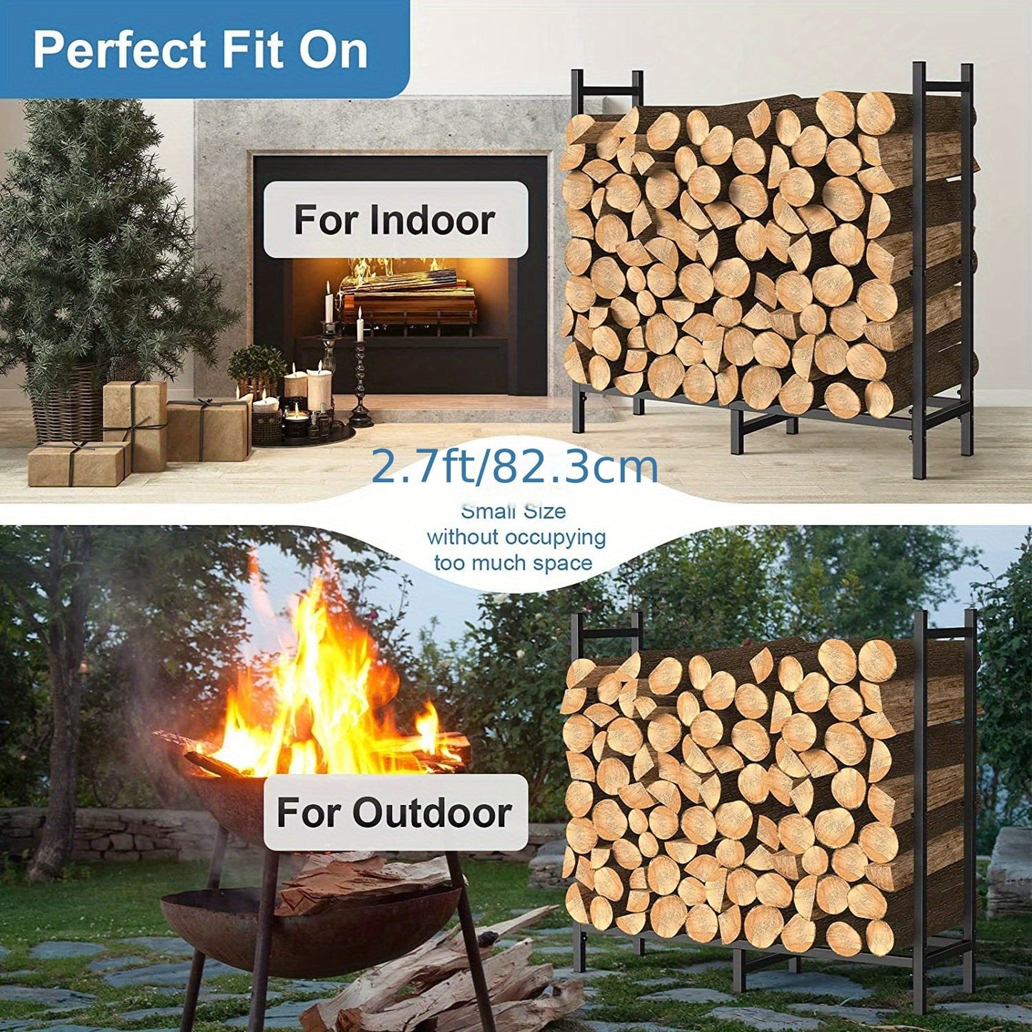 Adjustable Firewood Rack - This heavy-duty outdoor/indoor wood storage organizer for fireplaces is made of durable metal with a black powder coating and measures 79.25cm in length.