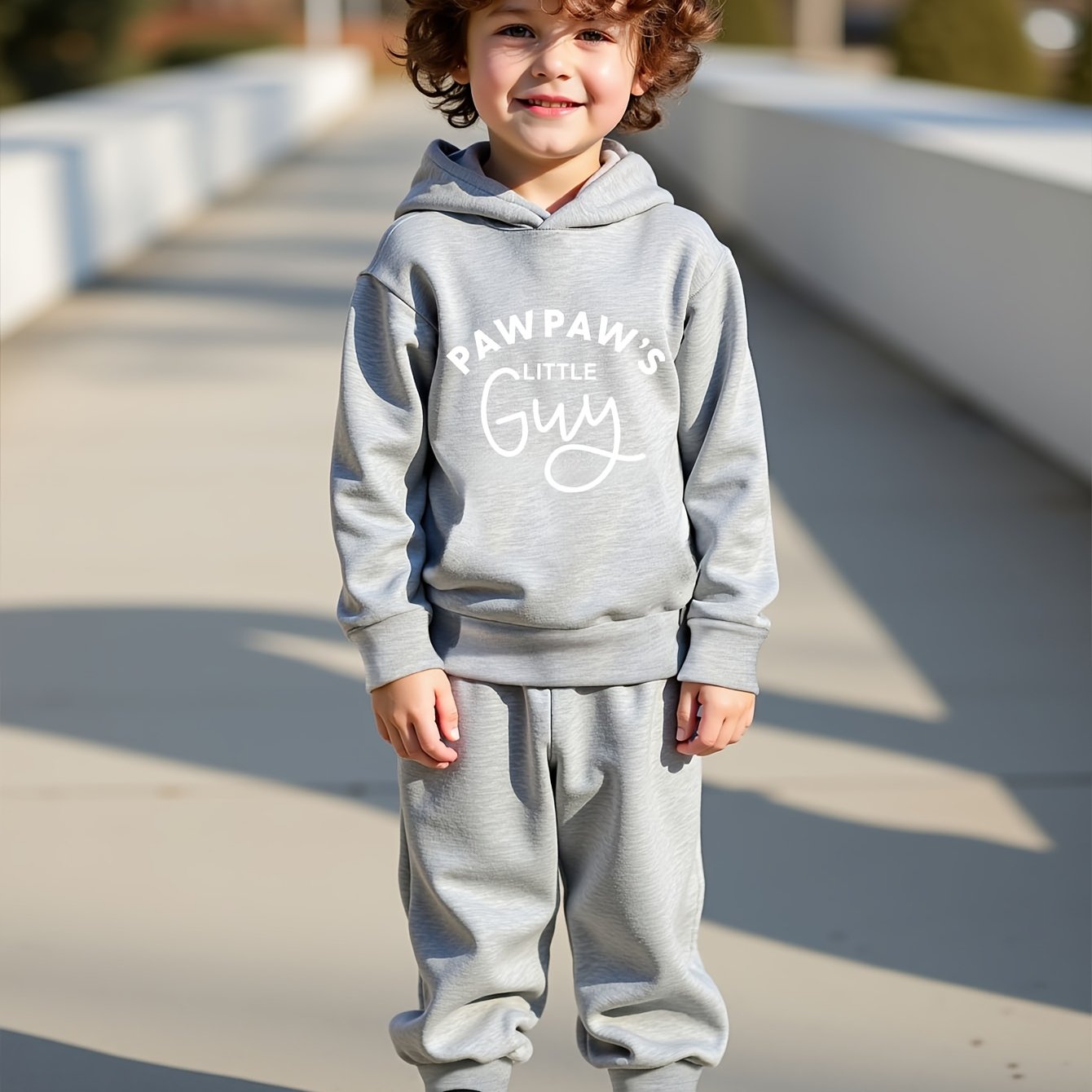 Boys' Fashion Set featuring 'Paw Paw's Little Guy' print, polyester hoodie and pants, knit pullover with long sleeves, regular fit, suitable for autumn/winter outdoor wear.