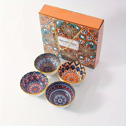 Handmade Bohemian ceramic bowl gift set featuring vibrant orange and blue mandala design. Ideal for serving cereal, ice cream, or pasta. Includes 2/4/6 bowls with elegant storage box. Perfect for holiday gatherings, Christmas, or Thanksgiving.