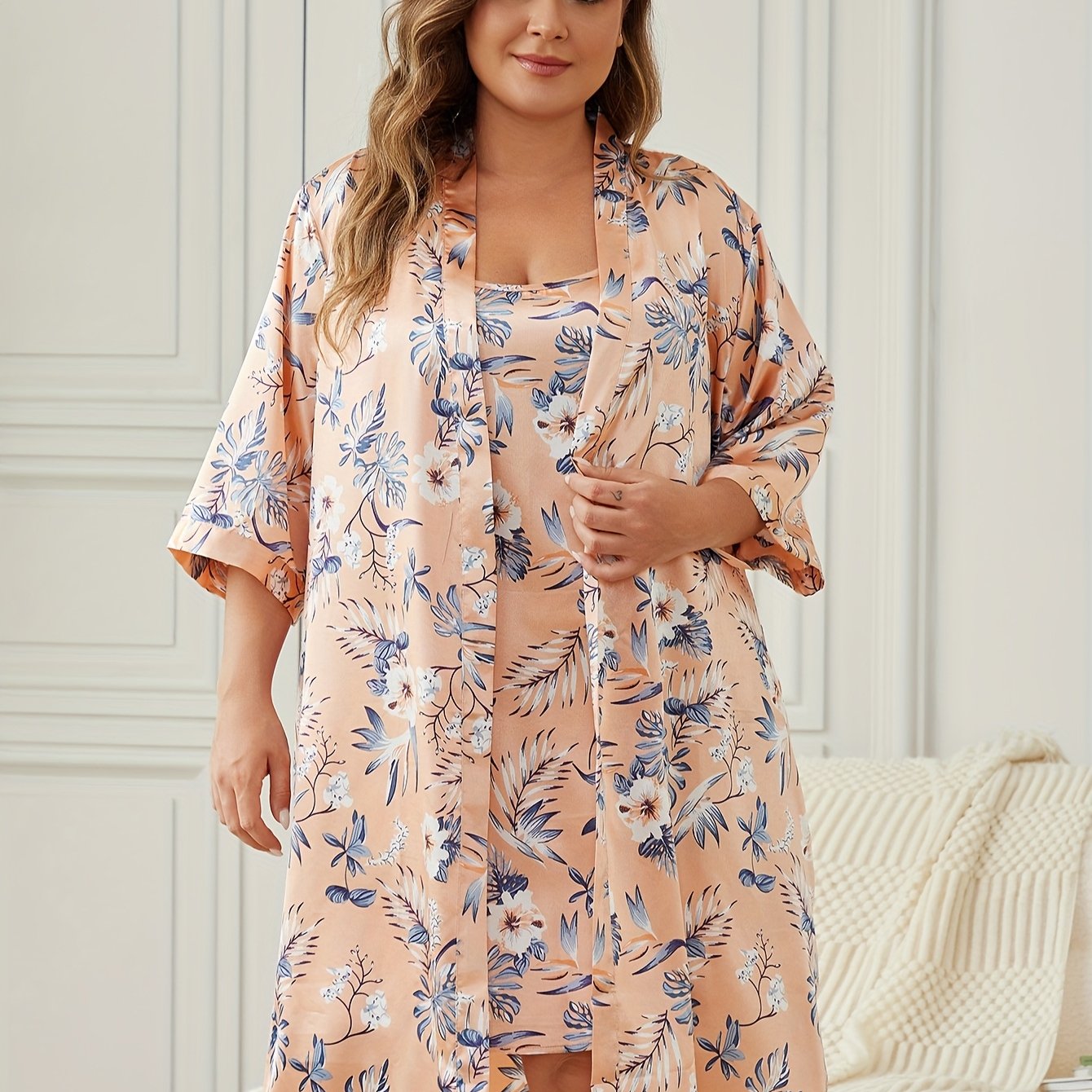 Plus Size Elegant Pajama Set with Satin Leopard Print Robe and Cami Dress.