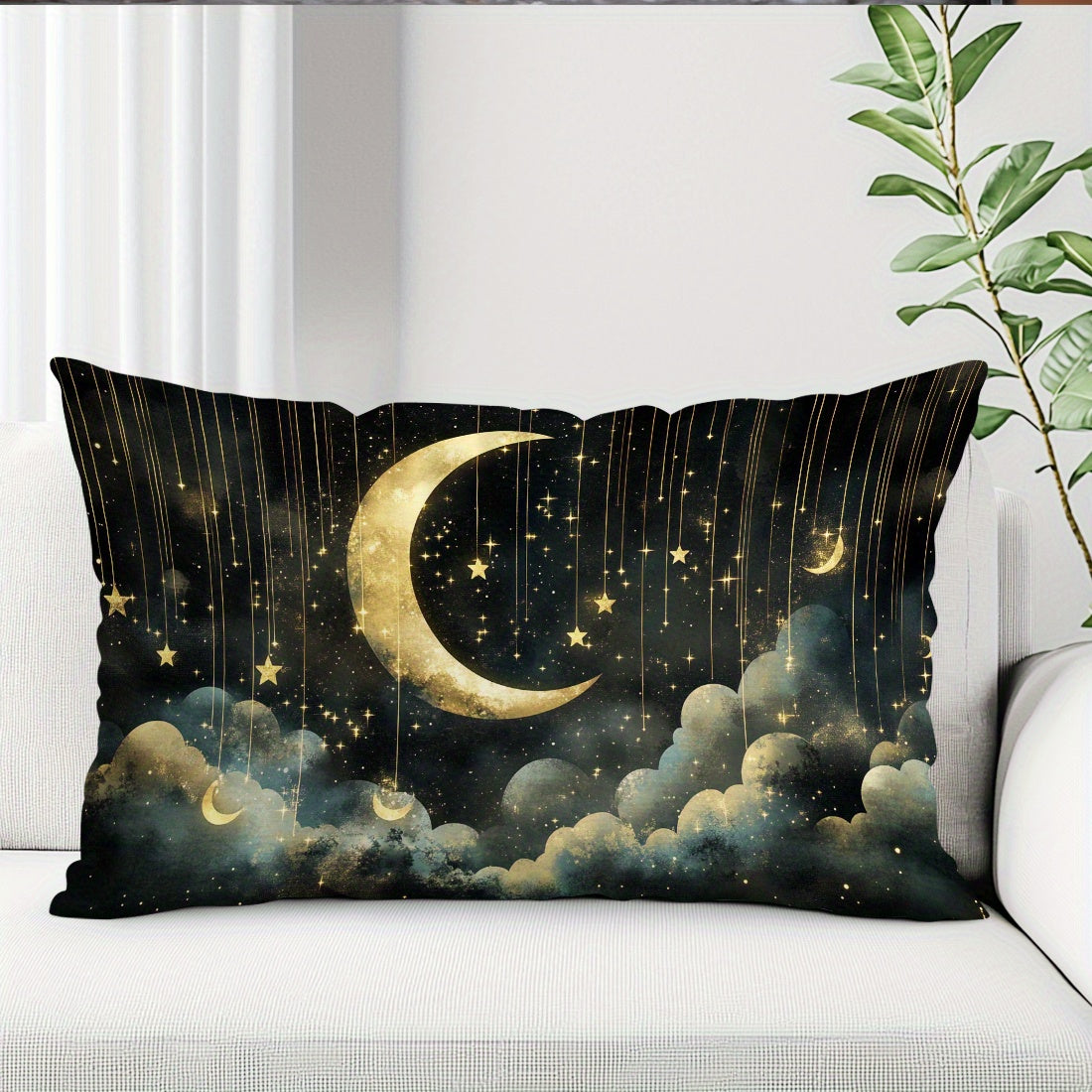 Contemporary starry night moon design throw pillow cover made of 100% polyester woven peach skin velvet, machine washable with zipper closure. 30x50cm size with decorative cushion case for any room.