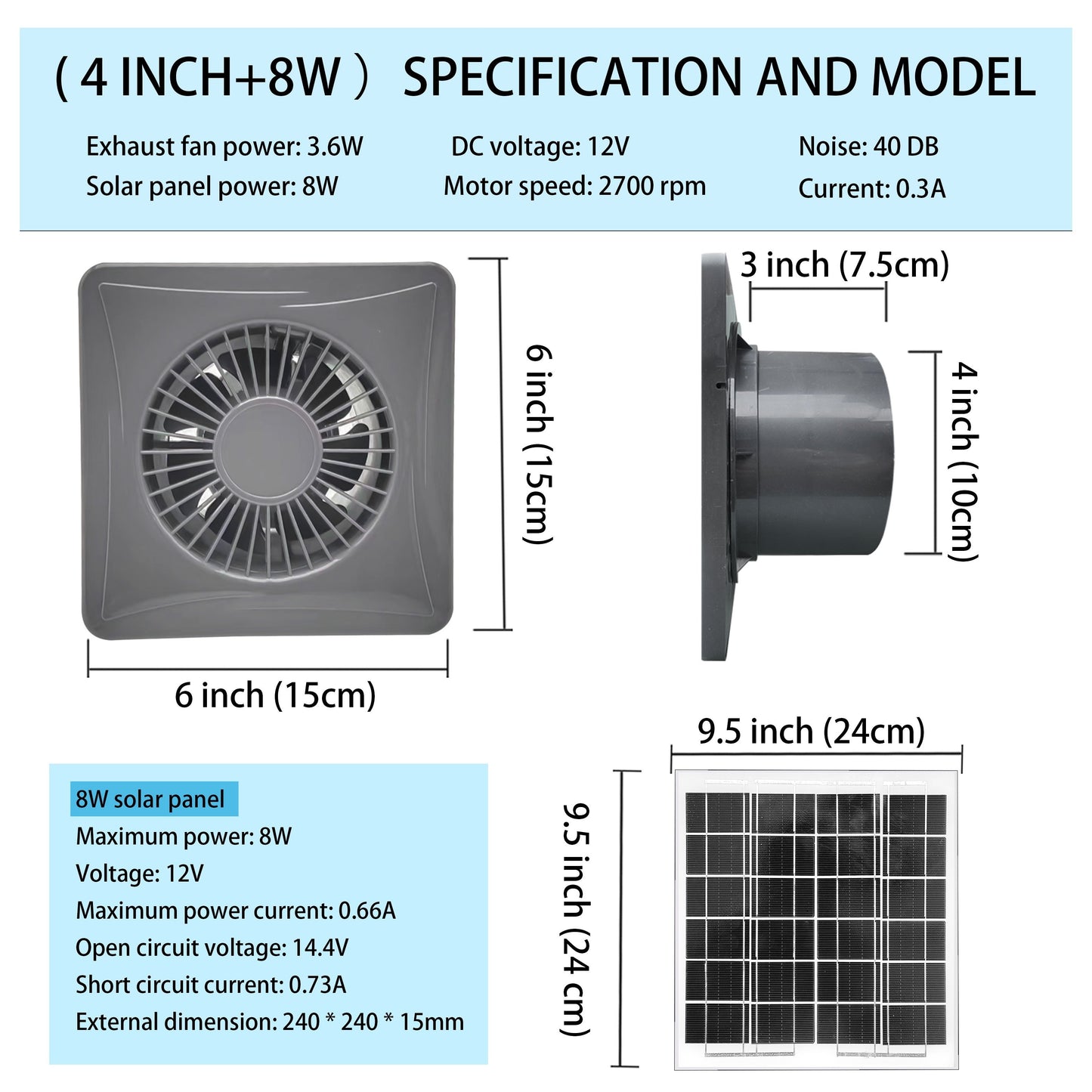 Solar-powered 10.16cm fan with weatherproof design and durable aluminum housing. Perfect for chicken coops, sheds, and greenhouses. Includes 5m cable.