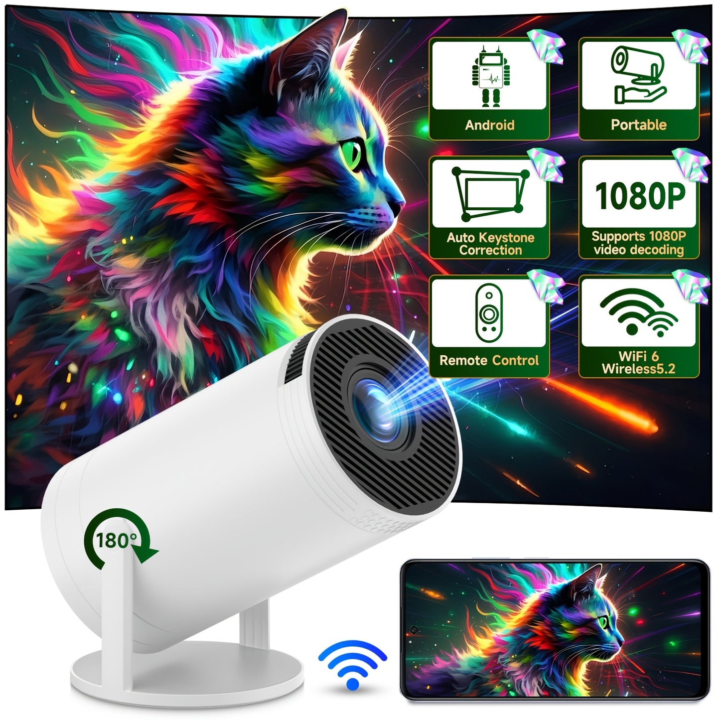 XYA Projector with WiFi6 & Wireless5.2, Portable Projector supports 1080P video decoding, Max 3.3m display zoom, 180° rotatable movie video home theater projector compatible with