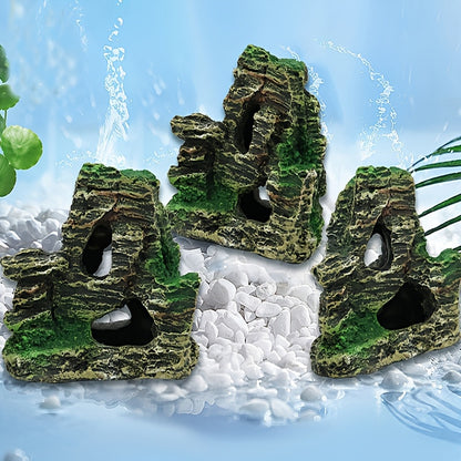 1 piece Resin Rockery Aquarium Ornament with lifelike moss-covered faux mountain and cascading waterfall, perfect for fish tank landscaping and decoration. peaceful and textured finish.