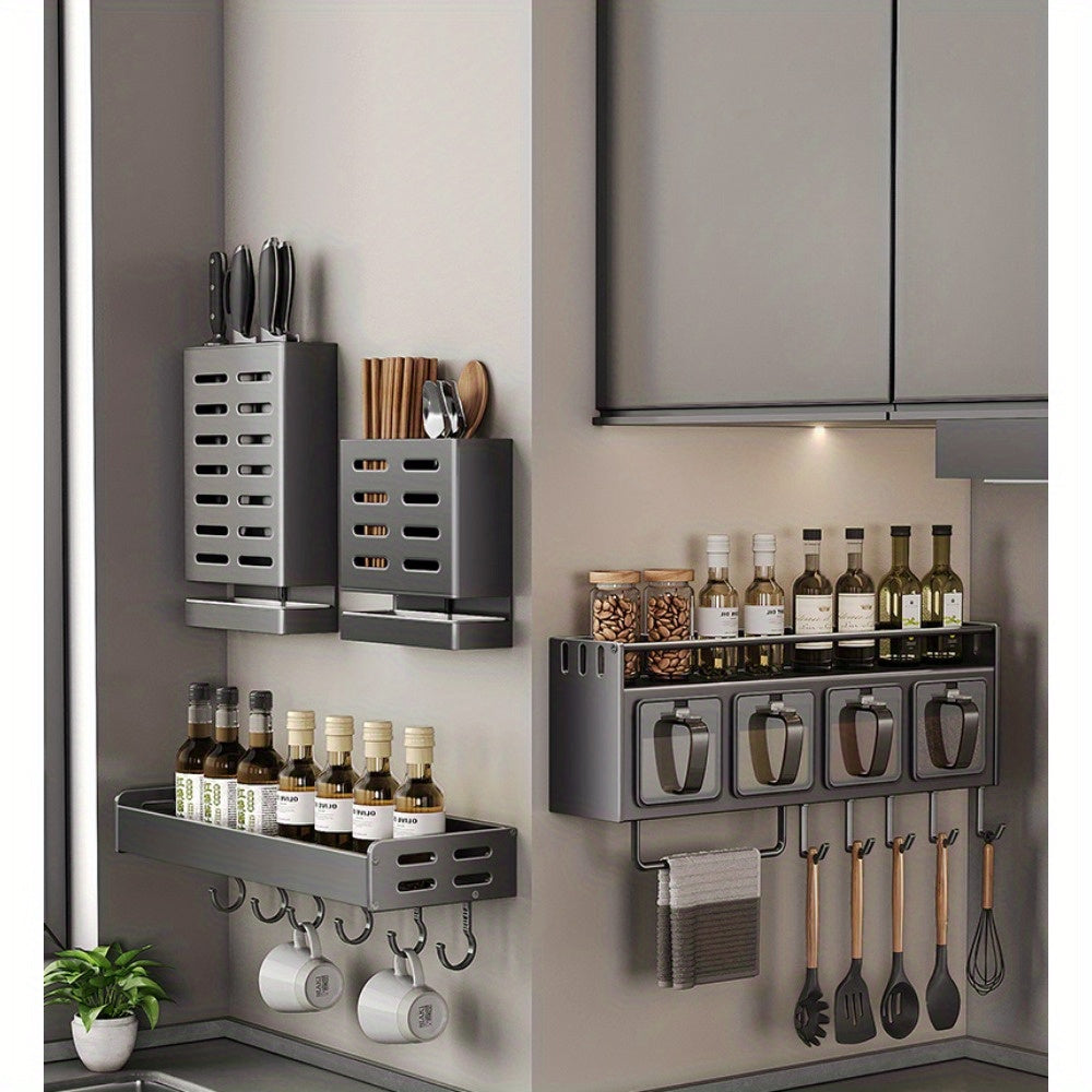 Modern Wall-Mounted Metal Spice Rack Organizer with Hanging Shelf - Convenient Kitchen Storage Solution for Seasoning Jars, Utensils, and Accessories - Includes Home Use Combination Set