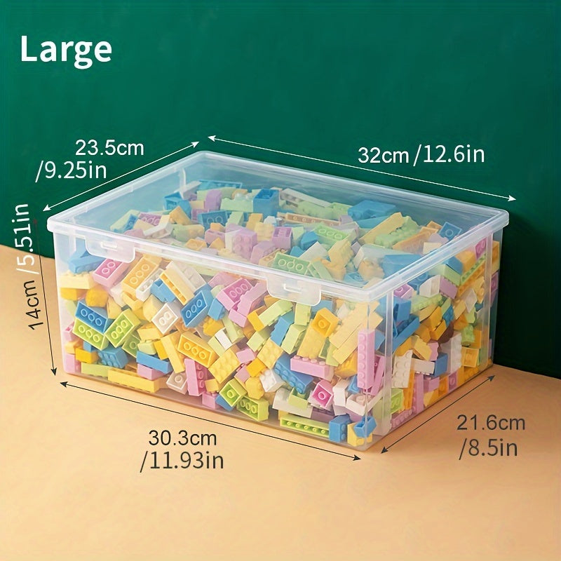 Durable plastic storage box with flip lid for building blocks, toys, and office supplies.