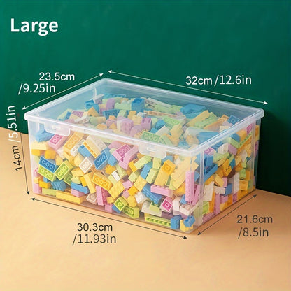 Durable plastic storage box with flip lid for building blocks, toys, and office supplies.