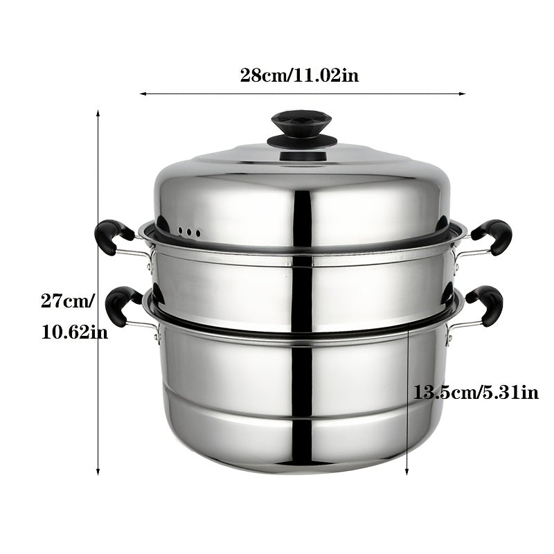 A versatile 3-tier stainless steel steamer set with a lid that is ideal for steaming bread, fish, and vegetables. This steamer set is compatible with induction and gas stoves, making it perfect for use in any kitchen. It is a must-have kitchen essential