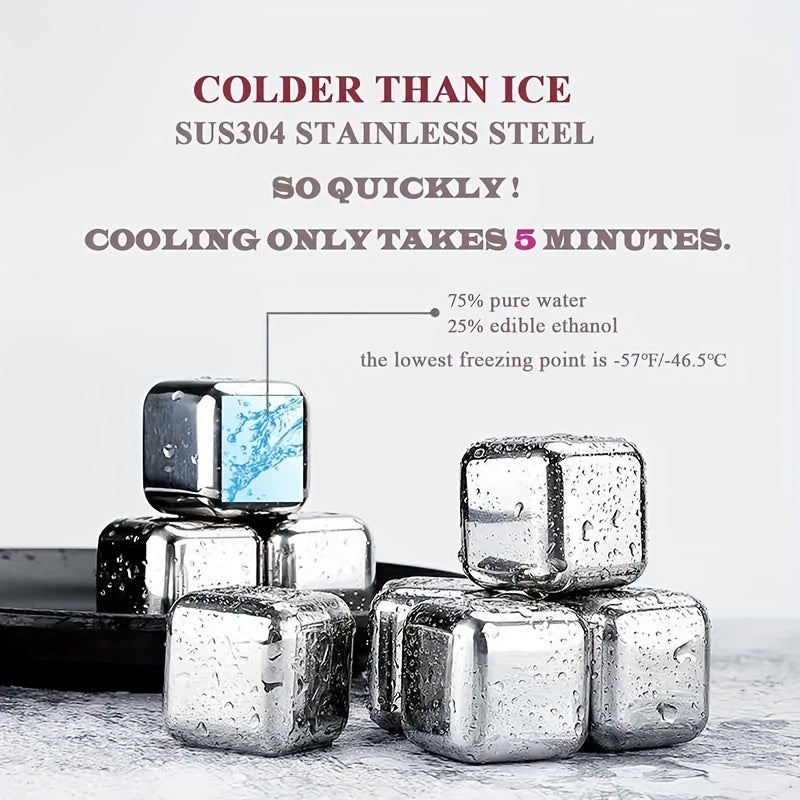 Set of 8 or 4 Stainless Steel Whiskey Stones, Reusable Ice Cubes for Drinks, Men's Valentines Stocking Stuffers - Includes Ice Wine Stones for Fast Cooling, No Melting, No Dilution - Comes in Box Packaging with Silicone Clip