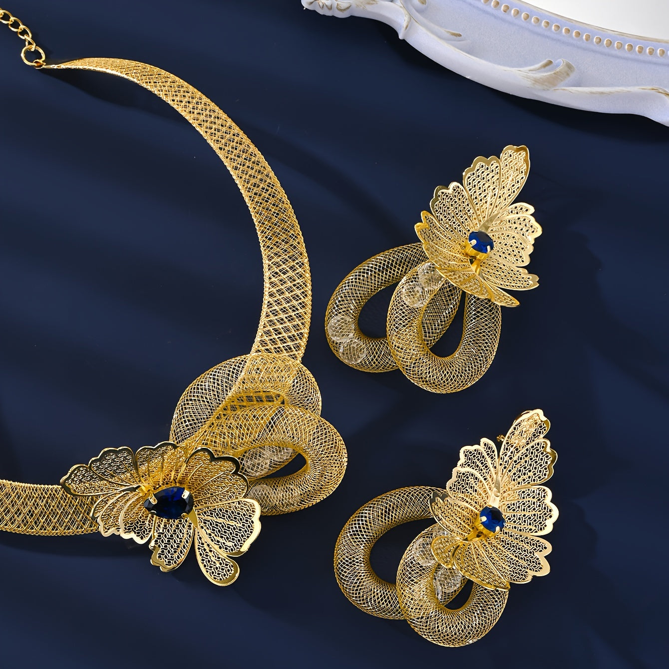 MEIZ Elegant Arabian Style Jewelry Set featuring 5 pieces, crafted with 18K Golden Plated Copper and adorned with Exaggerated Gemstone Design. Perfect for daily wear or as a thoughtful gift, this set is the ideal accessory for Mardi Gras Day celebrations.