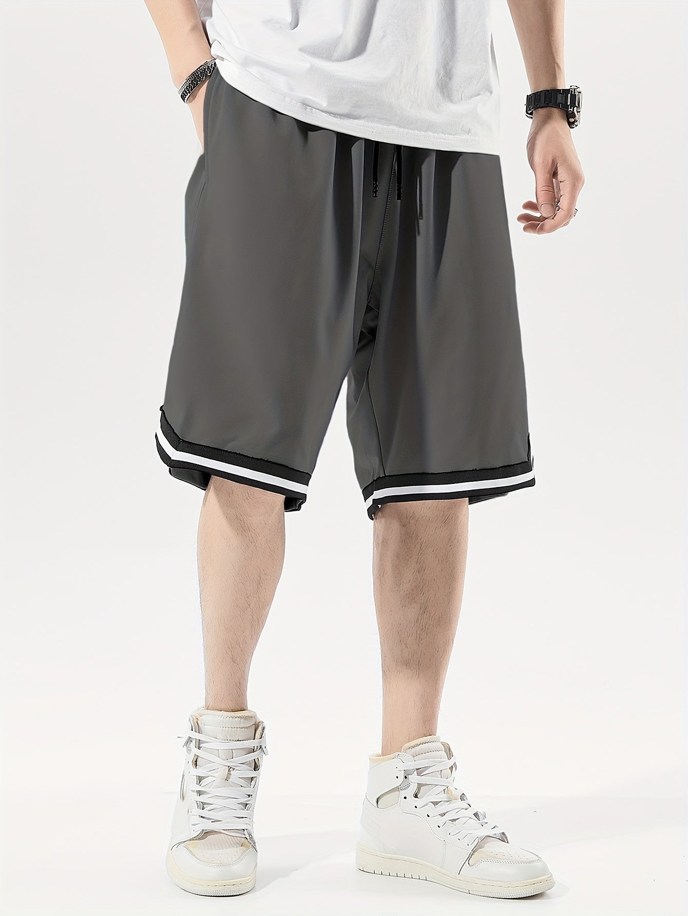 Men's plus size sports shorts with geometric pattern, loose fit, knit polyester fabric, mid-length, 250g/m² weight - perfect for comfortable summer wear.