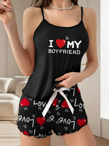 Valentine's Day Couple's Clothing Set: Black T-Shirt & Shorts, Soft Polyester Blend, Machine Washable, Comfortable Knitted Texture, Women's Clothing Sets.